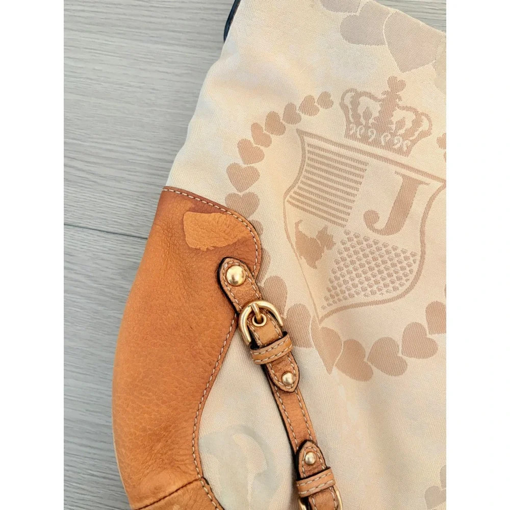 Y2K Juicy Couture Monogram Crest Canvas Hobo Bag Tan Leather Trim Gold Hardware